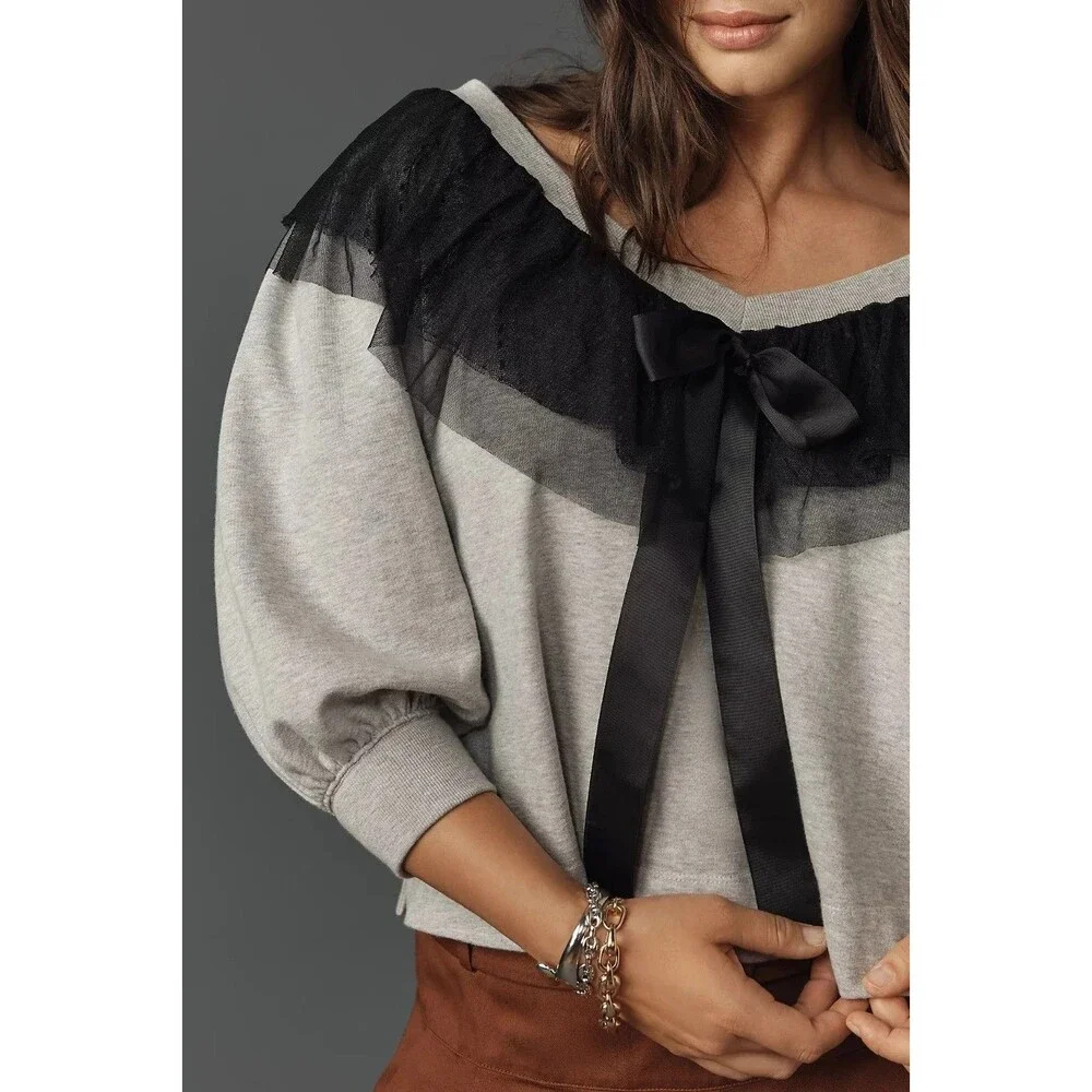 Anthropologie Maeve V-Neck Bow Sweater Pullover Top Tulle Mesh Ruffle XL 289709